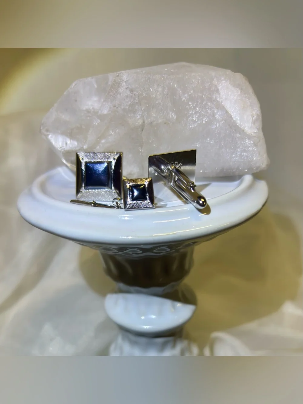 Vintage Swank Mid Century Modern Square Black Onyx Silver Tone Cufflinks MCM
